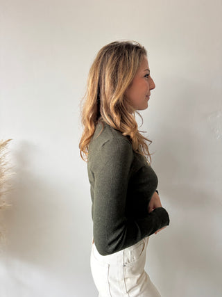 Gold buttons green ribbed top