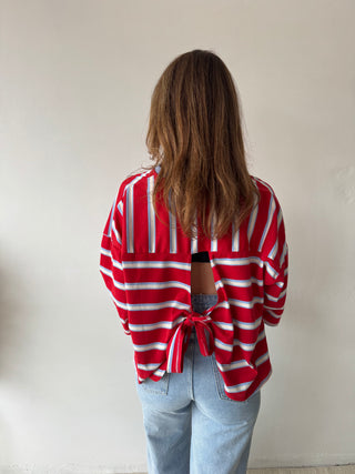 Knot back red blue striped top