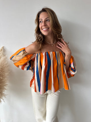 Orange blue strapless top