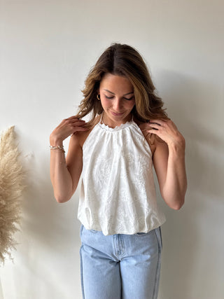 White open back lace top