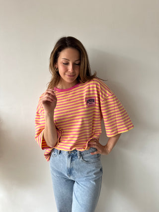 Pink yellow striped amour t-shirt