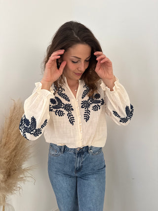 Blue flowers beige blouse