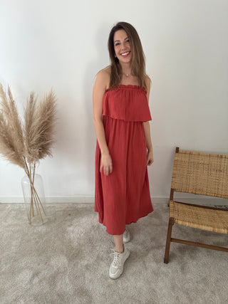 Rust strapless tetra dress