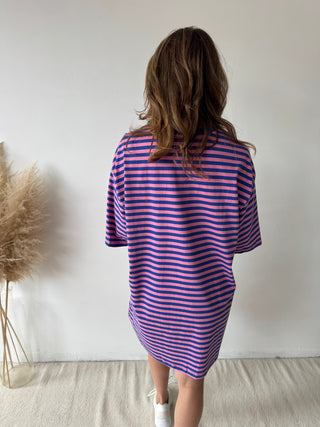 Pink blue striped t-shirt dress