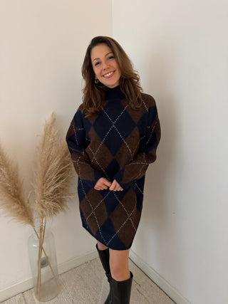 Navy brown argyle sweater dress