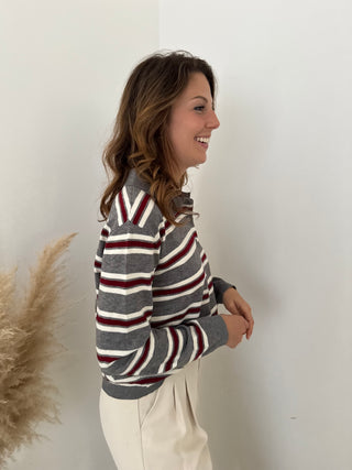 Burgundy grey striped polo