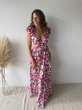 Pink flowers ruffled maxi dress