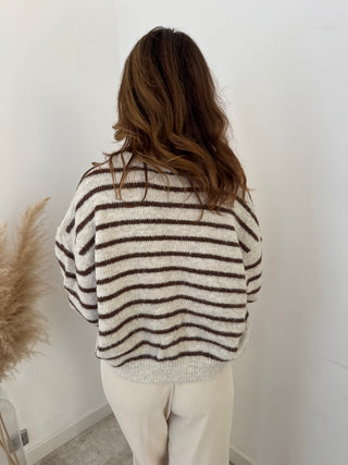 Beige brown striped button knit