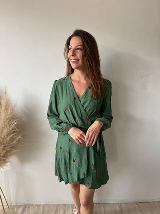 Colorful flowers green wrap dress