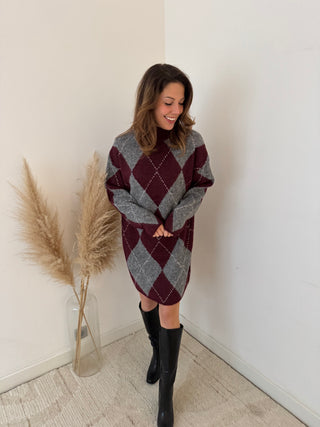 Burgundy grey argyle sweater dress