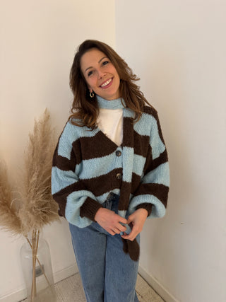 Brown blue striped button scarf knit