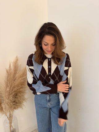 Blue brown argyle polo knit