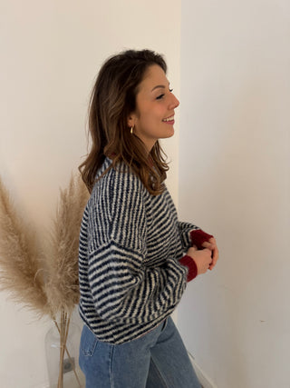 Red details blue striped knit