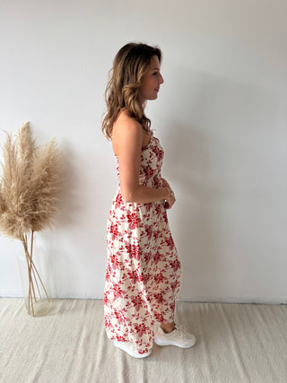 Red flowers strapless dress