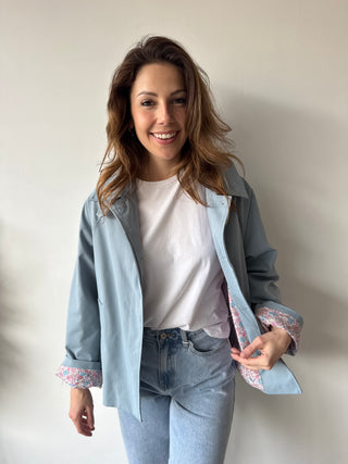 Flower detail blue trench jacket