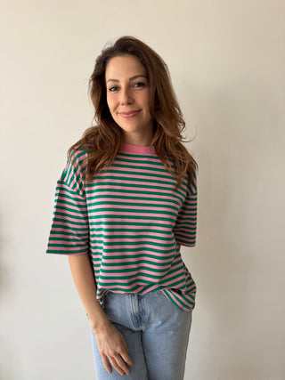 Pink green striped t-shirt