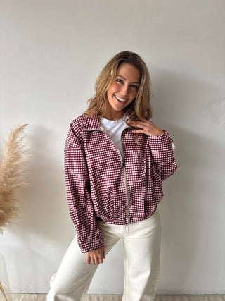 Burgundy checked zipper jacket