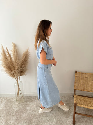 Blue denim maxi dress