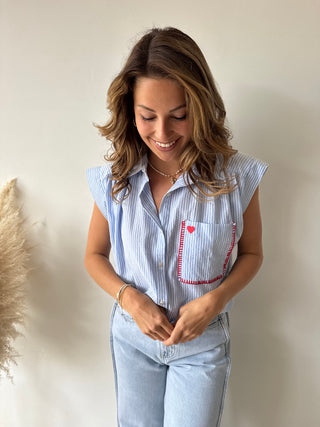 Heart pocket blue striped top