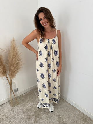 Blue flowers beige dress