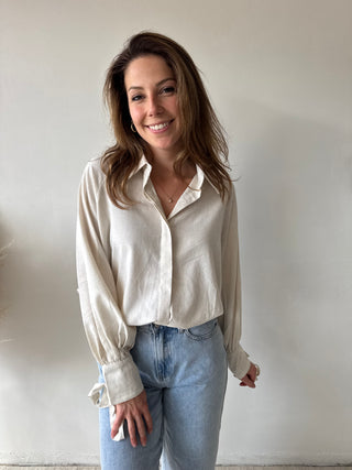 Beige linen bow shirt