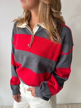 Red grey striped polo sweater