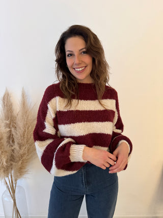 Beige burgundy striped knit