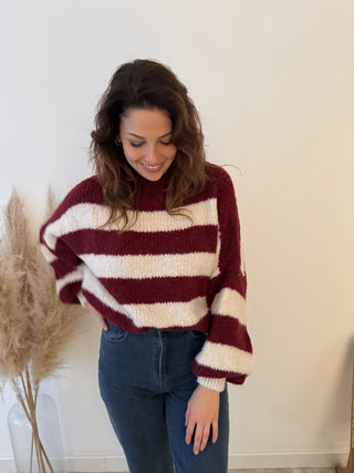 Beige burgundy striped knit