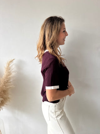 White detail burgundy shortsleeve