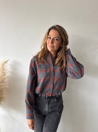 Grey orange checked balloon shirt