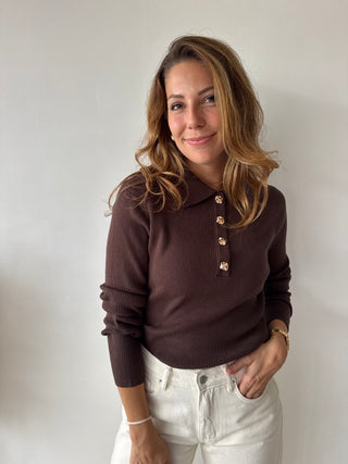 Gold buttons brown ribbed top