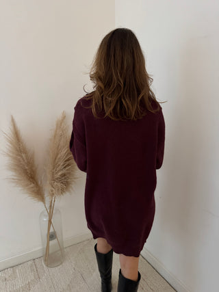 Buttons details burgundy sweater dress