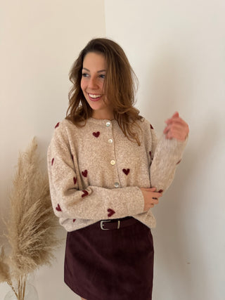 Burgundy hearts beige knit