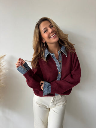 Denim details burgundy knit