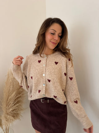 Burgundy hearts beige knit