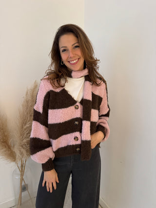 Brown pink striped button scarf knit