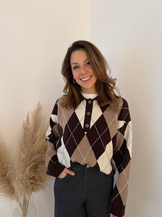 Brown taupe argyle polo knit