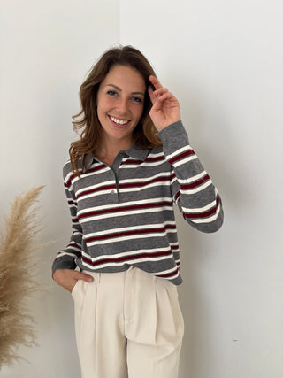 Burgundy grey striped polo