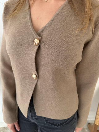 Gold buttons taupe knit