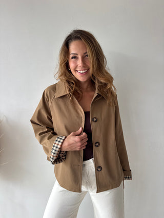 Taupe checked details trench jacket