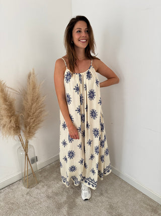 Blue flowers beige dress