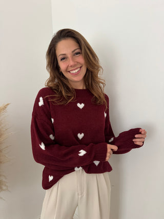 White hearts burgundy knit