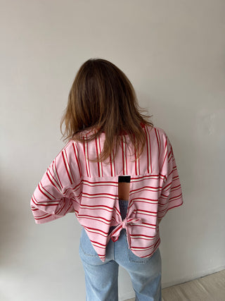 Knot back pink red striped top