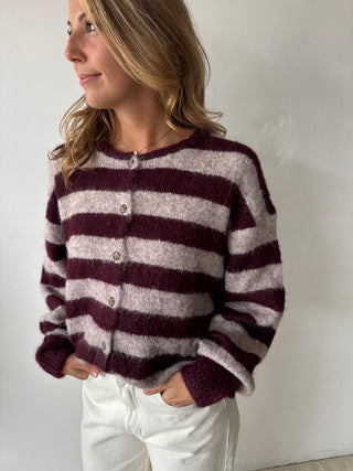 Burgundy taupe striped button knit