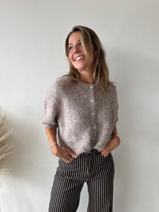 Taupe short sleeves button knit