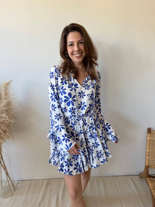 Blue flowers white summer dress
