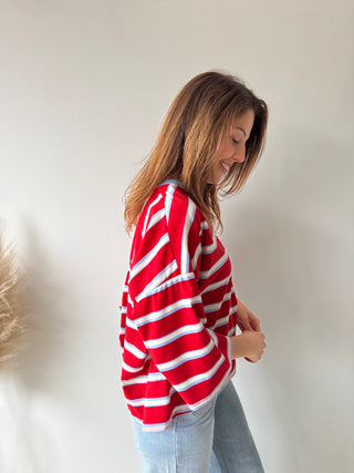 Knot back red blue striped top