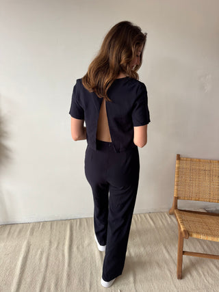 Navy open back linen jumpsuit