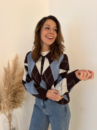 Blue brown argyle polo knit