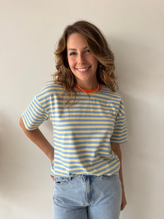 Orange detail blue t-shirt